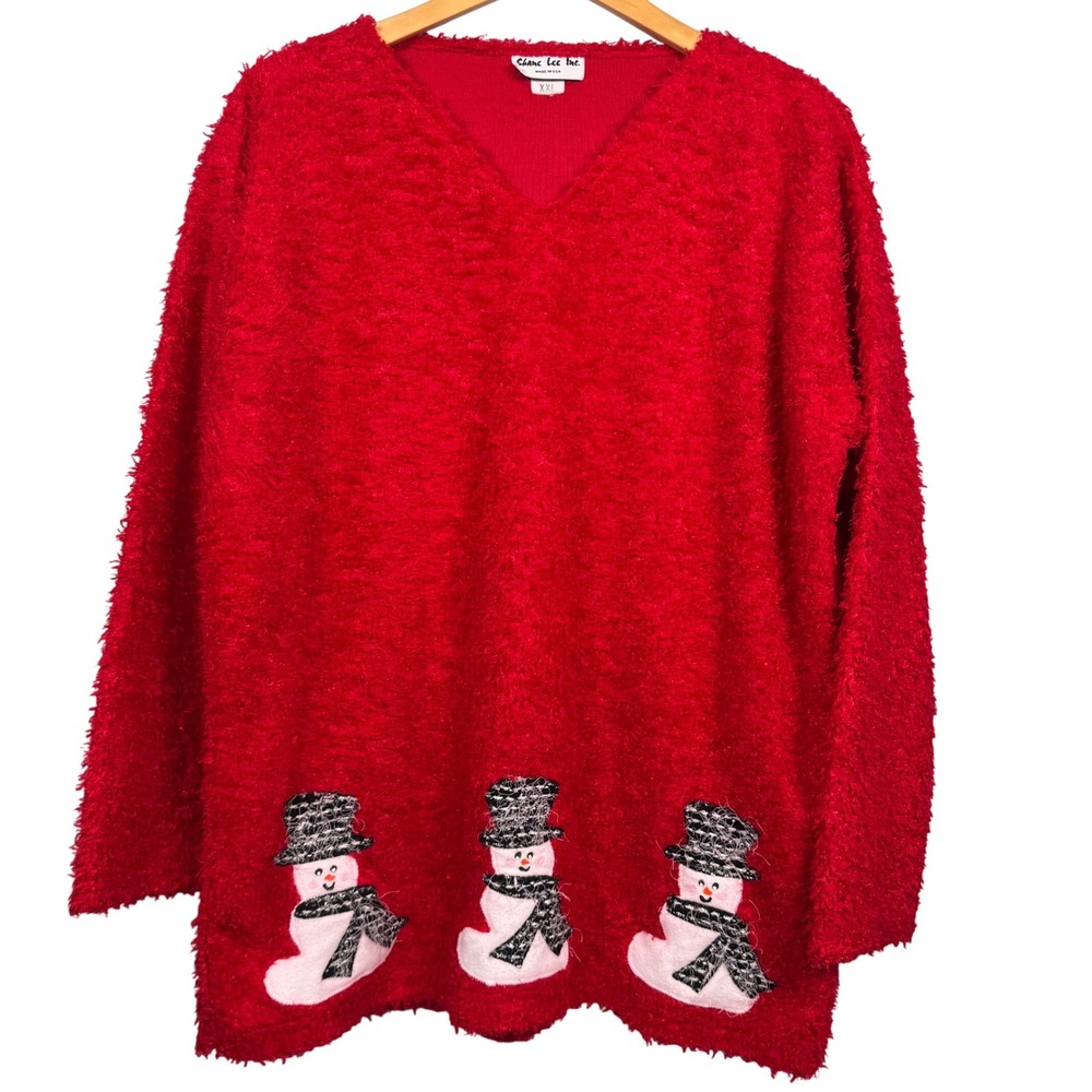 VTG 90s Shane Lee XXL Red Fuzzy Ugly‎ Sweater Snowman Holiday Festive Christmas
